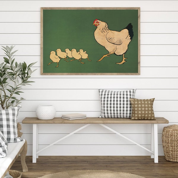 Vintage chicken drawing / Hen and chicks wall decor / Raising chicken print / Mama hen minimalist poster / Aesthetic animal illustration