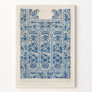 Indiase ornamentprint, Indiase muurkunst, blauw-witte Indiase kunst, Indiase volksmuurophanging, traditioneel bloemdessin, Gallery Home Decor