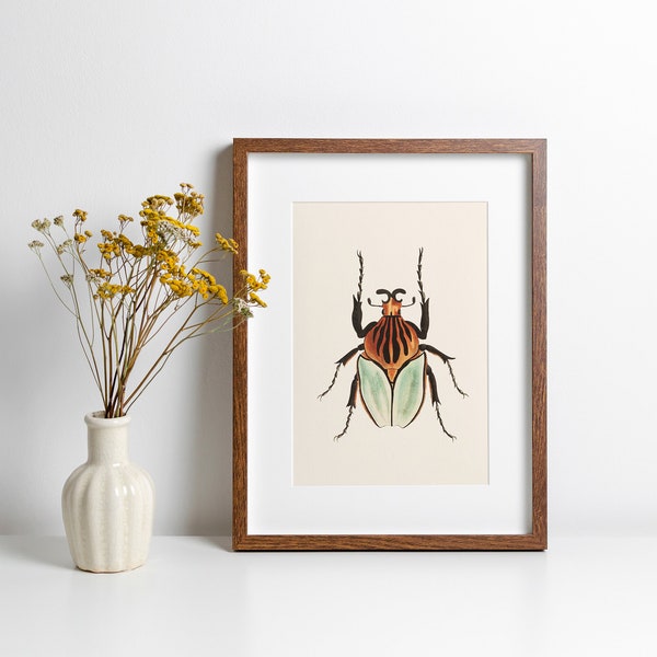 Retro beetle poster, Botanical wall art, Insect art print, Cute bug wall hanging, Vintage beetle Illustration, downloadable insect art