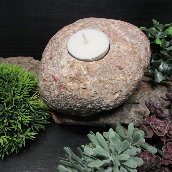 Pudding Stone Tea Light Holder | Candle Stone | Decorative Candle Rock | Raw Mineral Specimen | Conglomerate | Jasper | Lapidary | Michigan