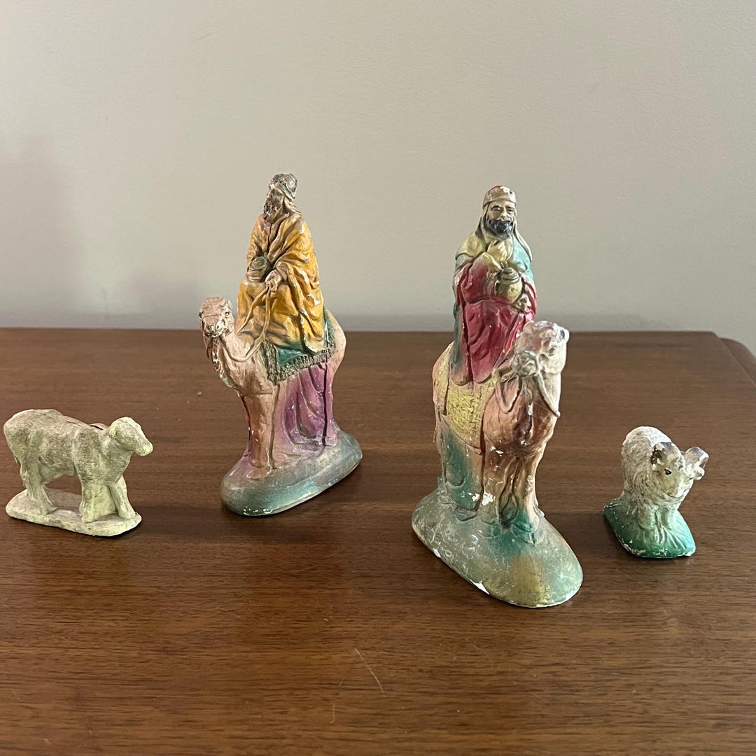 Primative Nativity 3 Chalkware Nativity Figures and a Primitive Composition Cow- With Wise ...