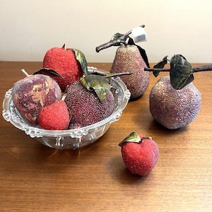 Vintage Beaded Sugar Fruit  Set of 7 Faux Grapes, Apple, Lemons  Retro Decor