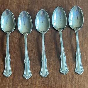 Antique Nickel Silver Teaspoons Set of 5 Bead Trim Flared Handle Shell End B1