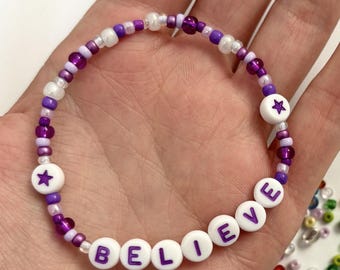 Purple Mental Health Recovery / Self-Love Handmade Beaded Bracelet Mantra Affirmation Positive Thinking - BELIEVE