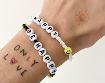 Personalisable Be Happy Smiley Face Beaded Bracelet | Mental Health Recovery