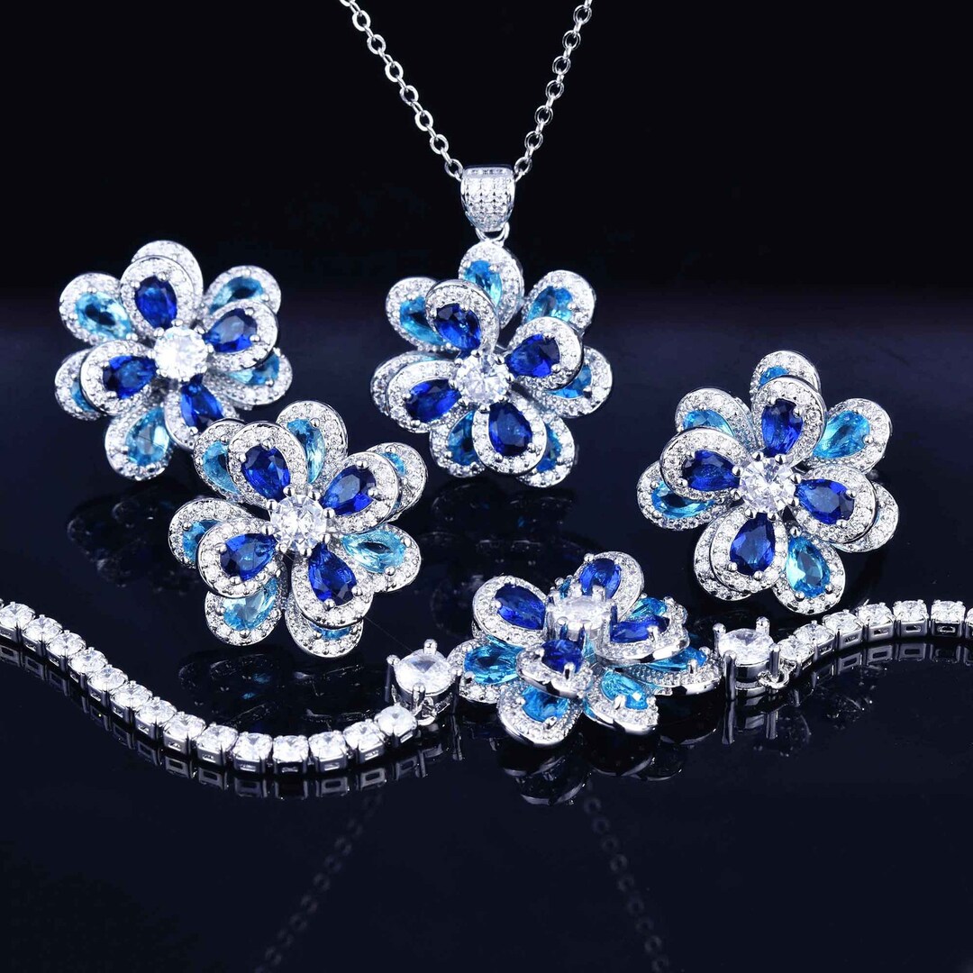Blue Flower Jewelry Set Wedding Jewelry Set Blue Cubic Etsy