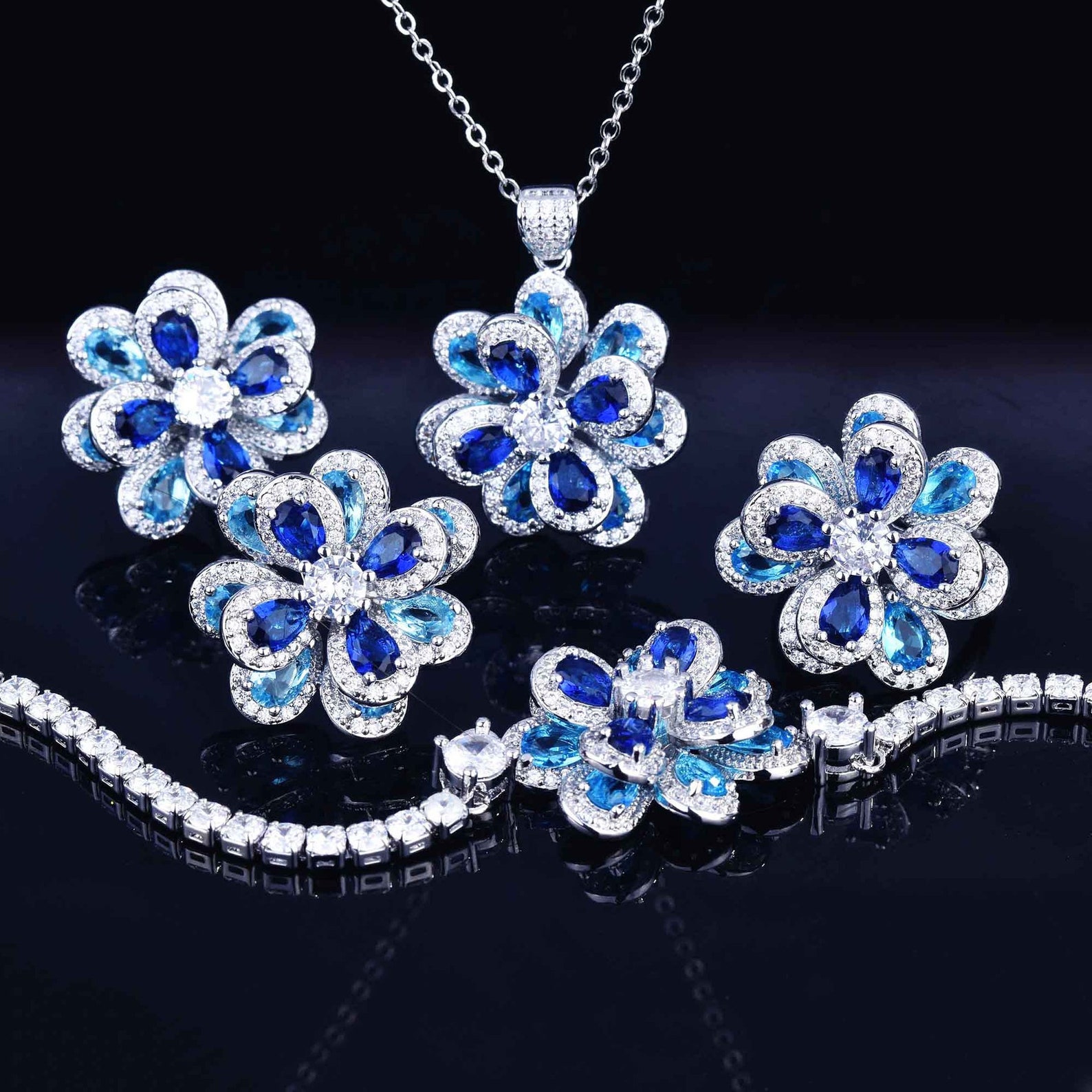 Blue Flower Jewelry Set Wedding Jewelry Set Blue Cubic Etsy