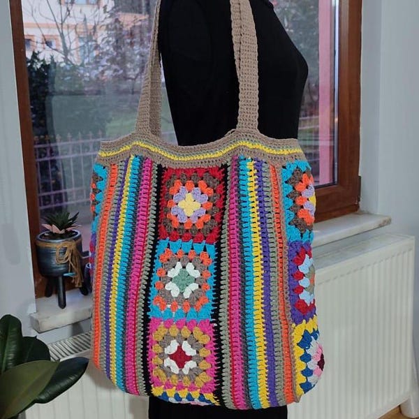Handmade Boho Crochet Granny Square Tote Bag, Colorful Yarn Shoulder Bag