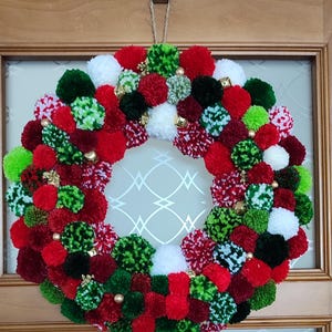 Handmade Yarn Pom Pom Wreath - Colorful Door & Wall Decor (19&quot;x20&quot;)