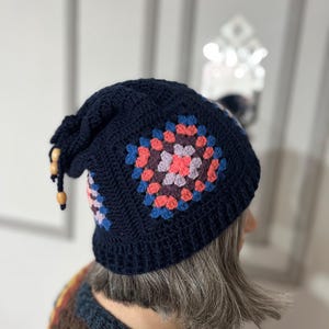 Handmade Crochet Granny Square Beanie, Colorful Floral Motif Winter Hat