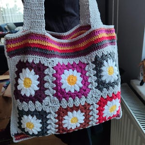 Handmade Crochet Daisy Granny Square Tote Bag