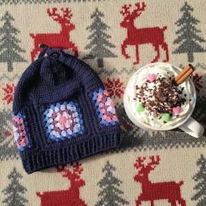 Cozy Crochet Granny Square Beanie, Boho Floral Winter Hat