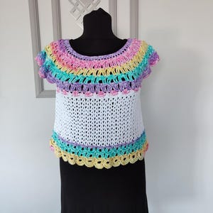 Handmade Cotton Crochet Rainbow Yoke Blouse,Crochet Shirt