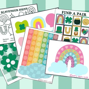 May include: A set of printable St. Patrick's Day games for kids. The games include a scavenger hunt, a find a pair game, and a rainbow dot-to-dot activity. The games are designed to be fun and educational for children.