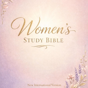 May include: A Women's Study Bible with a soft, pastel color scheme. The cover features gold script lettering and floral accents in the corners. The text "New International Version" is at the bottom.