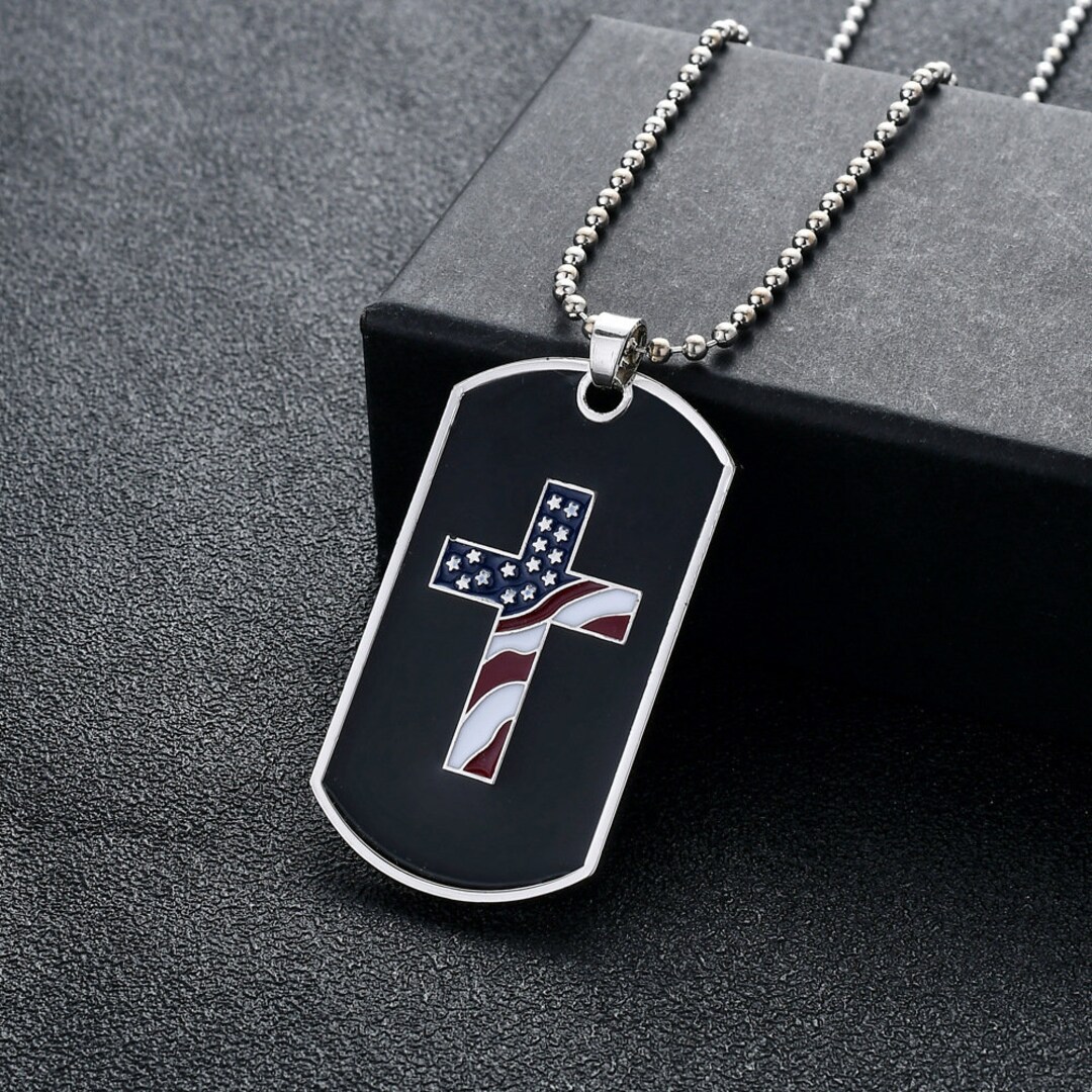 Men USA Flag Cross Necklace Pendant Minimalist Stainless Steel Silver