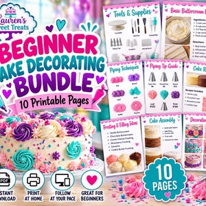 Op de afbeelding: Een digitale set voor taartdecoratie voor beginners met 10 printbare pagina's met handleidingen voor gereedschap, spuittechnieken, recepten en montage, inclusief een afbeelding van een taart met roze, paarse en turquoise toeven.