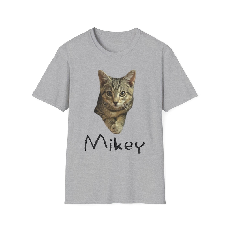 Mikey Kitten Shirt, Light Shirt with Black Lettering, Cat Lover Gift, Cat Themed Gift, Cats Against Trump Tabby Cat T Shirt, Veteran Owned image 2
