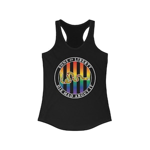 May include: Black tank top with a rainbow striped circle graphic featuring a snake and the text "Sons of Liberty Die Mad About It".