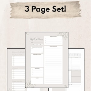 May include: A three-page set of printable planner pages. The pages are light gray with black text and floral accents. The text includes "Faith & Focus", "Spiritual Goals", "Weekly Scripture Focus", and "Affirmations".