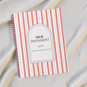 May include: A spiral-bound journal with a cover featuring vertical stripes in coral, white, and beige. The center has a white arched frame with the words "OLD TESTAMENT 2026" and "Come, Follow Me Study Journal" printed in black.