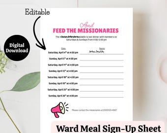 Editable Missionary Meal Sign-Up Sheet | Ward Dinner Calendar (PDF Download)