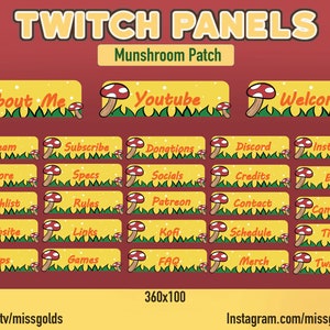 Puede incluir: Un conjunto de 20 paneles de Twitch con un diseño de hongo y hierba. Los paneles son amarillos con texto naranja y tienen 360 píxeles por 100 píxeles. Los paneles incluyen texto como "About Me", "Youtube", "Welcome", "Steam", "Subscribe", "Donations", "Discord", "Instagram", "Store", "Specs", "Socials", "Credits", "Etsy", "Wishlist", "Rules", "Patreon", "Contact", "Website", "Links", "KoFi", "Schedule", "Tiktok", "Tips", "Games", "FAQ", "Merch", "Twitter", "Twitch.tv/missgolds" y "Instagram.com/missgoldart".