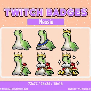 Może przedstawiać: Zestaw sześciu odznak Twitch przedstawiających zieloną istotę przypominającą Nessie w r&oacute;żnych pozach. Odznaki mają r&oacute;żne rozmiary: 72x72, 36x36 i 18x18. Istota nosi koronę i trzyma berło w niekt&oacute;rych odznakach.