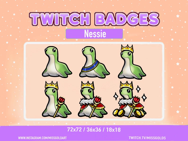 Może przedstawiać: Zestaw sześciu odznak Twitch przedstawiających zieloną istotę przypominającą Nessie w r&oacute;żnych pozach. Odznaki mają r&oacute;żne rozmiary: 72x72, 36x36 i 18x18. Istota nosi koronę i trzyma berło w niekt&oacute;rych odznakach.
