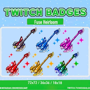 Op de afbeelding: Zes verschillende gekleurde Twitch-badges in de vorm van een gitaar met glinsterende sterren. De tekst "Fuse Heirloom" staat in een groene box boven de badges. De tekst "72x72 / 36x36 / 18x18" staat onder de badges. De tekst "www.instagram.com/missgoldart" staat in de linkerbenedenhoek. De tekst "twitch.tv/missgolds" staat in de rechterbenedenhoek.