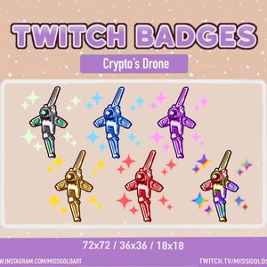 Puede incluir: Seis insignias de Twitch de diferentes colores que representan un dron de dibujos animados con estrellas brillantes. El texto "Crypto's Drone" está encima de las insignias. El texto "72x72 / 36x36 / 18x18" está debajo de las insignias. El texto "www.instagram.com/missgoldart" está en la parte inferior izquierda y "twitch.tv/missgolds" está en la parte inferior derecha.