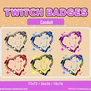 Puede incluir: Seis insignias de Twitch diferentes en forma de corazón con una letra C estilizada en su interior. Las insignias son de diferentes colores: gris, azul, rosa, rojo, amarillo y turquesa. El texto "Conduit" está en la parte superior de la imagen. El texto "72x72 / 36x36 / 18x18" está en la parte inferior de la imagen.