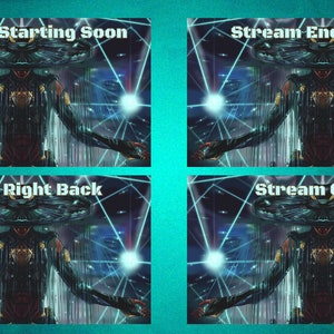 May include: Four-panel digital artwork with a futuristic theme. Each panel shows a figure with outstretched arms, a circular object above, and text: "Stream Starting Soon," "Stream Ending Soon," "Will Be Right Back," and "Stream Offline."