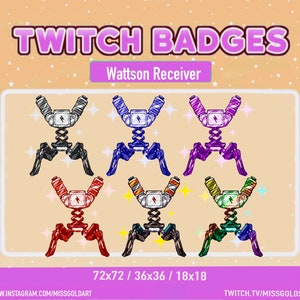 May include: Six different coloured Twitch badges featuring a cartoon image of a Wattson Receiver. The badges are in the following colours: grey, blue, purple, red, yellow, and green. The text "72x72 / 36x36 / 18x18" is at the bottom of the image. The text "TWITCH.TV/MISSGOLDS" is at the bottom right of the image. The text "WWW.INSTAGRAM.COM/MISSGOLDART" is at the bottom left of the image.