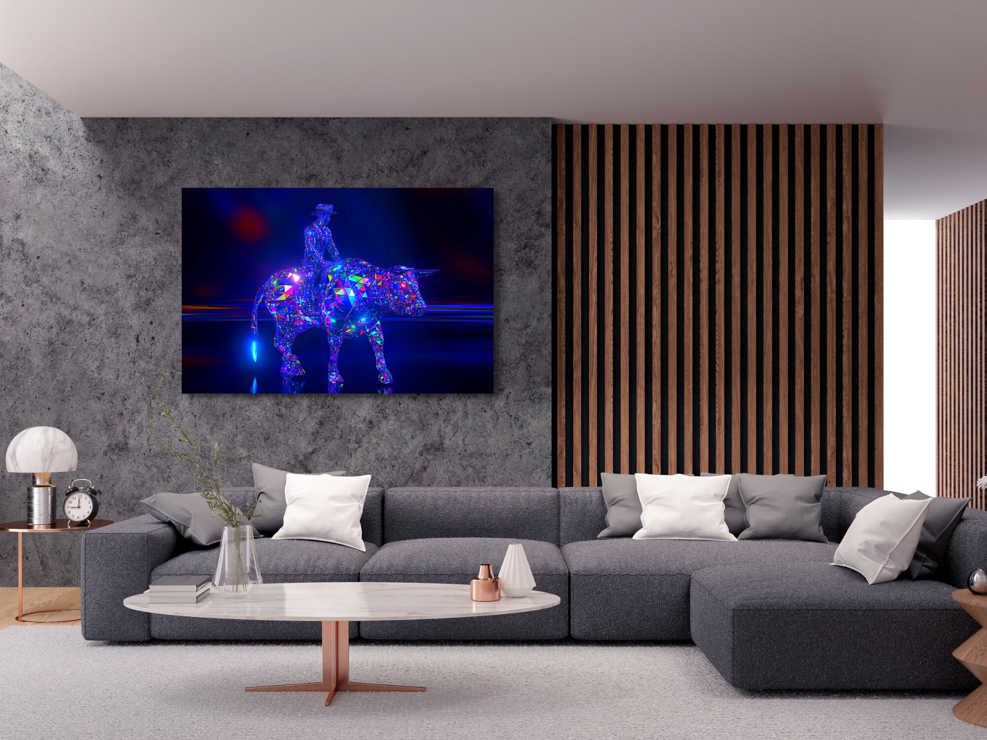 Tableau Futuriste, Tableau Taureau Cowboy, Taureau, Déco, Art Mural, Décoration Metaverse, Néon, Néo