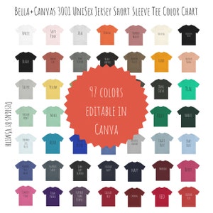 Editable Version Bella + Canvas 3001 Jersey Unisex Short Sleeve Tee Color Chart and Sizing Chart Digital Download