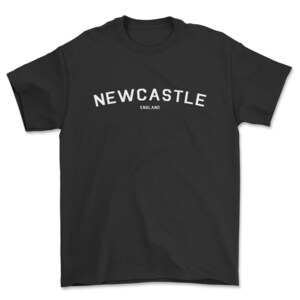 May include: Black t-shirt with white text that reads "NEWCASTLE ENGLAND"