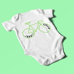 Future cyclist, one-piece baby grow vest, toddler gift idea.