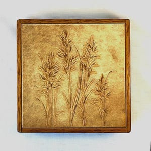 Vintage Italian Art Tile Trivet with Wheat Relief in Wood Footed Frame