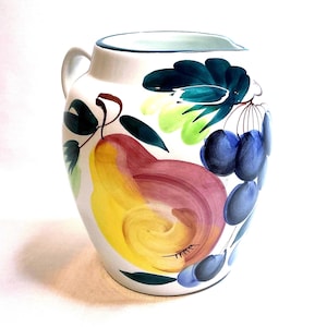 Italian Hand Painted Ceramic Porcelain Pottery Pitcher Water Jug Featuring a Vibrant Fruit Design