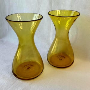 Vintage Hand-Blown Amber Glass Vases: Mid-Century Modern Pair