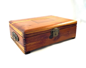 Antique Cedar Dovetail Box: Brass Handles, Hinges, Vintage Treasure Chest