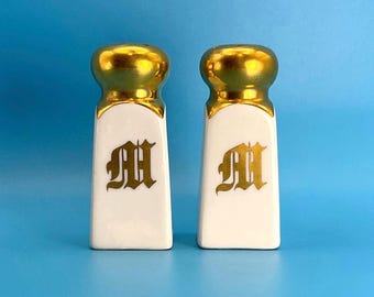 Bavarian White & Gold Gilt Monogram Salt and Pepper Shakers, Vintage
