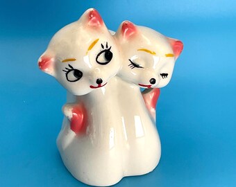 Jarrón pequeño con dos gatitos, decoración floral de porcelana vintage y kitsch