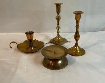 Four Electic Brass Candlesticks, Decor, Classic Design, Candle Piller Taper mismatched collection with great design