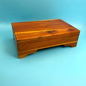 Può includere: Una scatola rettangolare in legno di cedro marrone rossiccio, con coperchio incernierato. La scatola presenta un motivo a venature naturali e poggia su quattro piccoli piedini curvi. La scatola è progettata per la conservazione.