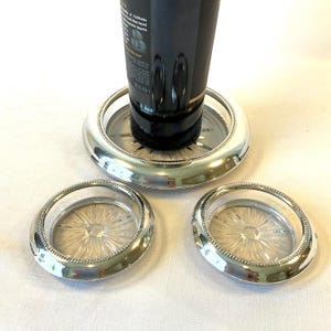 Serling Silver and Glass, Bottle Coaster and Two Glass Coasters, Classic Elegant Design, Cocktail Party, Entertaining, Protecting Furniture!