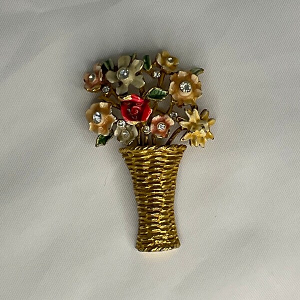 1964 BSK My Fair Lady Pin Brooch Flowers in a Basket Vintage Goldtone Enamaled Accents Inspired by the Broadway Musical, Fun Happy Piece