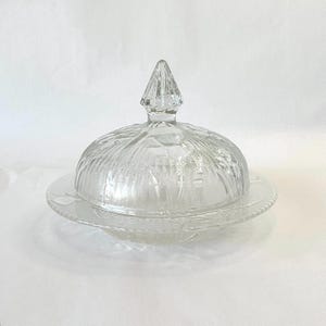 Vintage Jeannette Glass Company “Iris and Harringbone” Pattern Round Covered Butter Dish, Stunningly Lovely!
