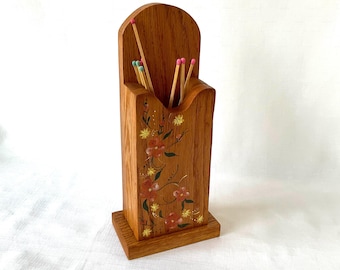 Vintage Wood Fireplace Match Stick Box Hand Painted Detail to Front, Match Storage Holder, Stable and Sits on Mantle or Hearth, Americana